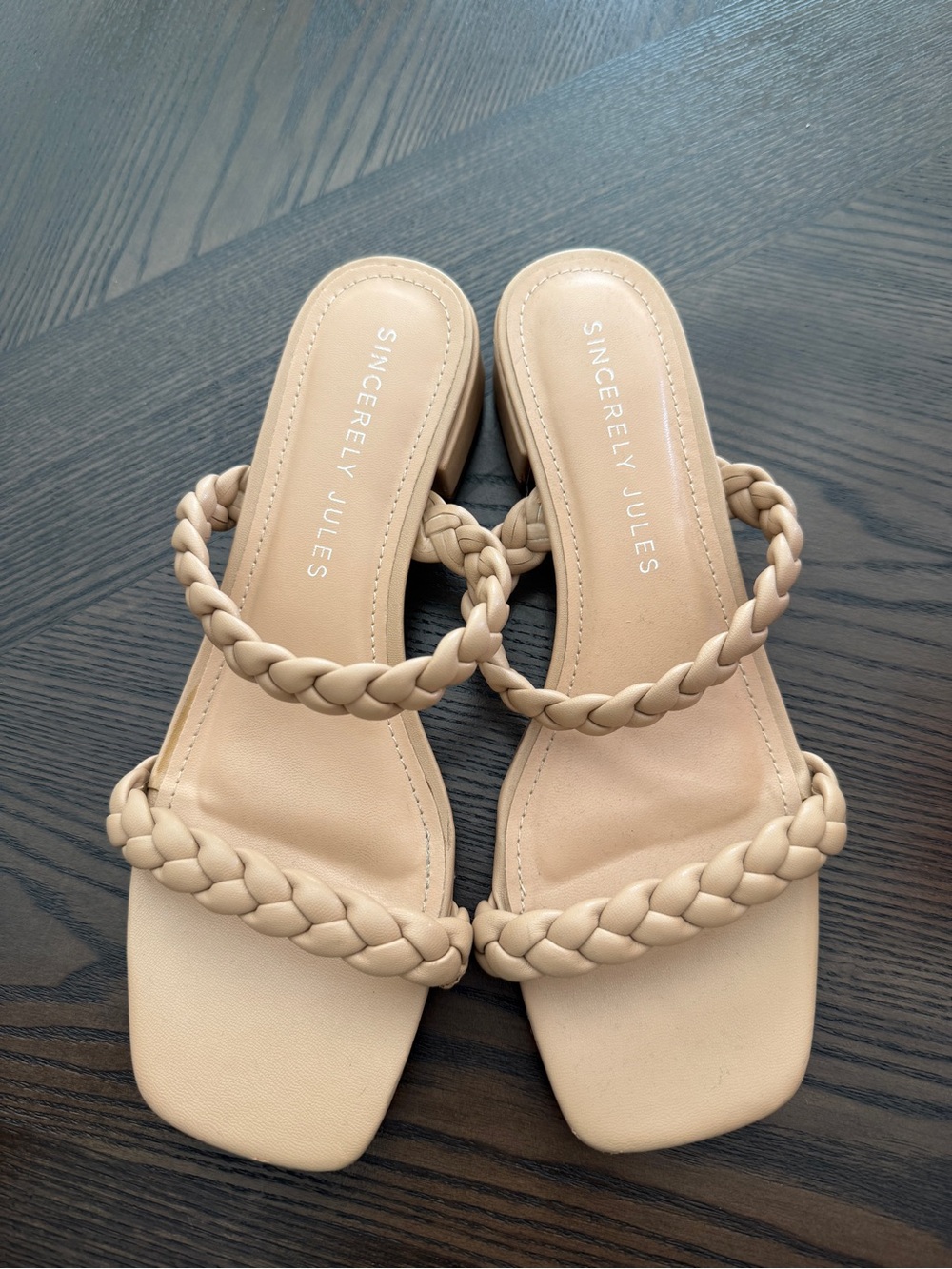 Sincerely Jules Braided Double-Strap Heeled Slides in Nude